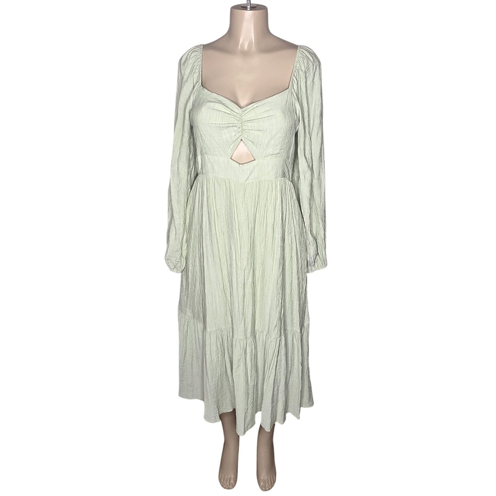 Lucy Paris Dress Large Sage Green Cutout Smocked Tiered Midi Long Sleeve Pockets